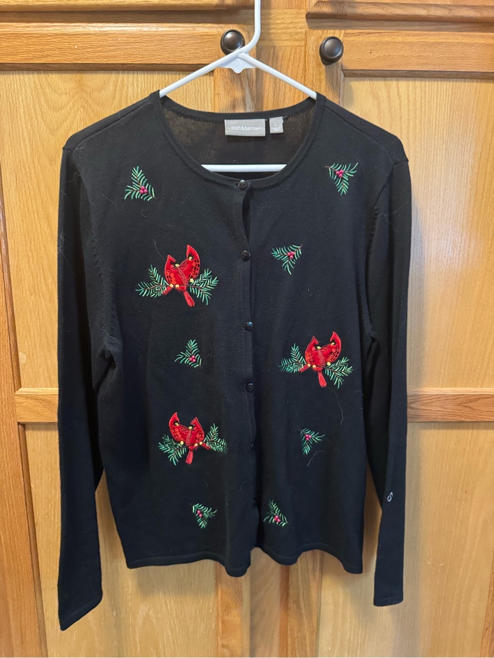 croft & barrow Black Cardigan with Red Cardinal Embroidery